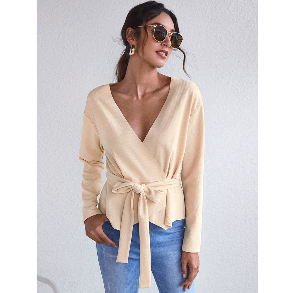Casual Beige Belted Wrap V-Neck Top - Picture 3 of 7